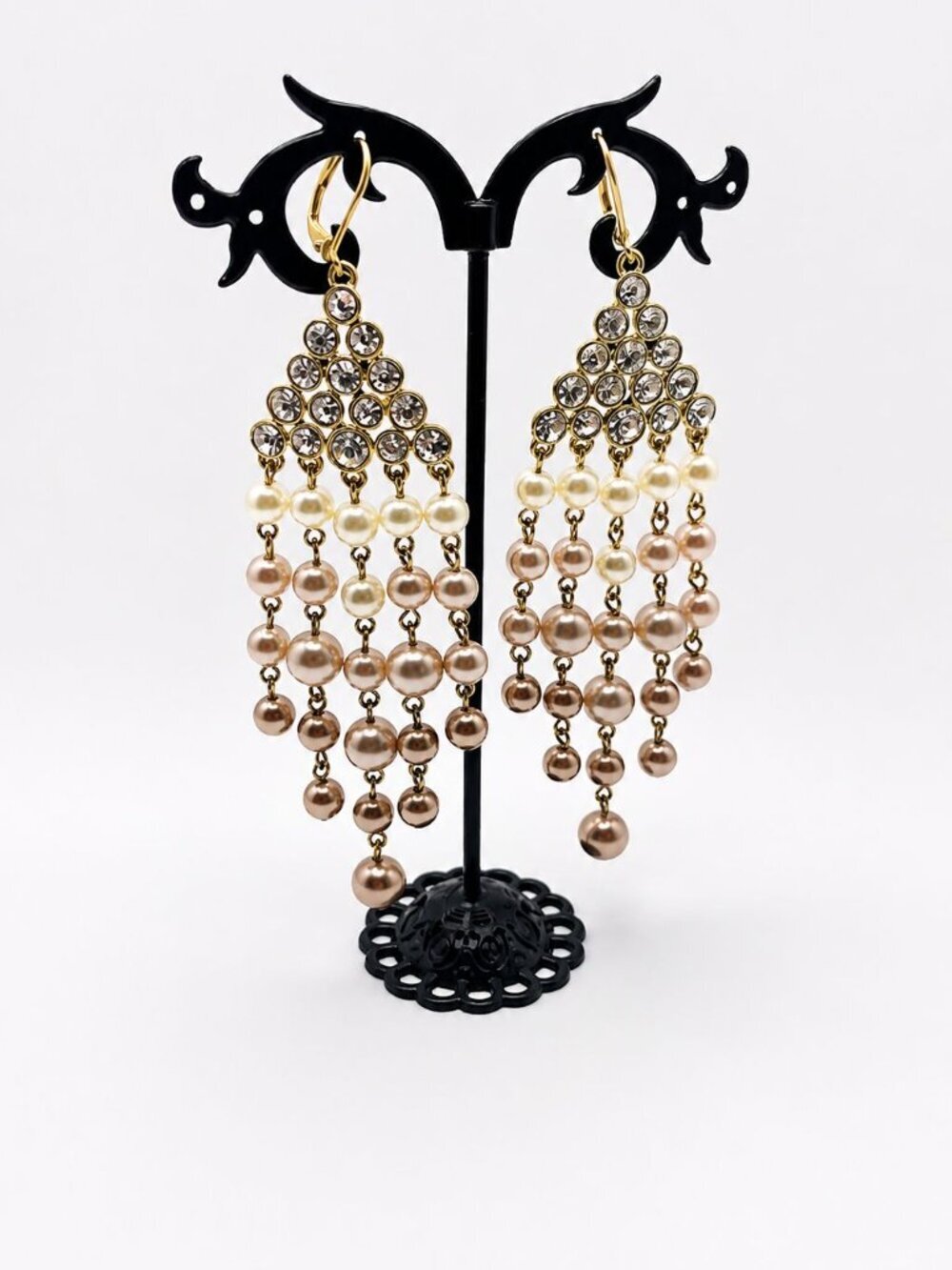 Vintage Givenchy Rhinestone & Faux Pearl Chandelier Earrings Gold Tone Statement
